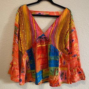Bright Boho V-Neck Bell Sleeved Top Large